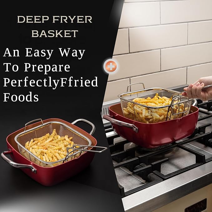 Moss & Stone 5 Pcs Red Copper Chef Cookware Non Stick Deep Frying Pan, Fry Basket, Steamer Rack, Dishwasher & Oven Safe, 5 Qt Deep Square Pan, Induction Copper Cookware Set - 9.5" x 3.5"