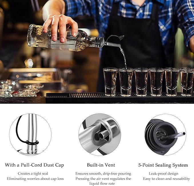 12 Pack Leak-Proof Dust Cap Wine Pourers,Stainless Steel Bottle Pourers for Alcohol, Olive Oil & Syrups- Fast, Controlled Pouring,Bar & Home Kitchen Accessories