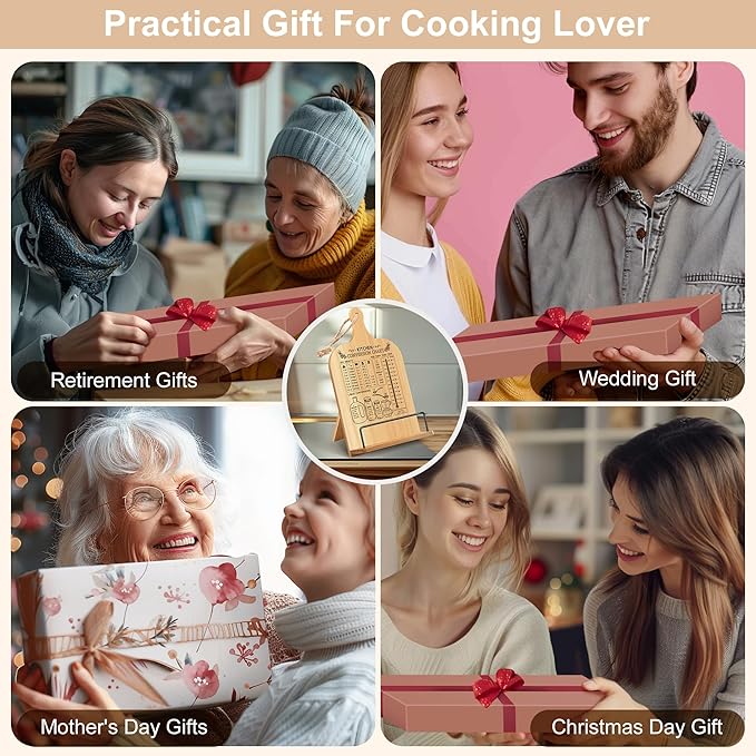 Cookbook Stand for Kitchen Counter Bamboo Recipe Book Holder with Conversion Chart Adjustable Non Slip Cookbook Holder Kitchen Gifts for Women Gifts for Housewarming Christmas Retirement Wedding