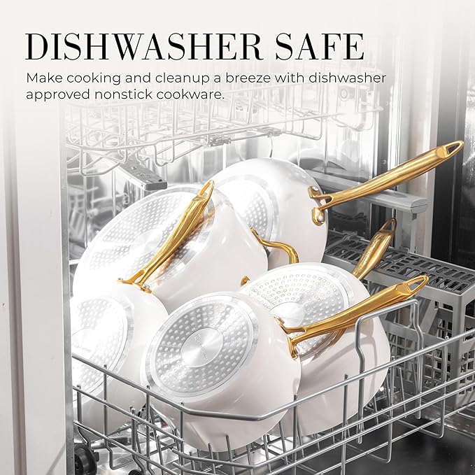 White and Gold Pots and Pans 15 PC Set - Premium Heavy Gauge Nonstick, Non Toxic, PFOA Free, Oven and Dishwasher Safe, Induction Compatible Cookware Set - Gold Kitchen Accessories