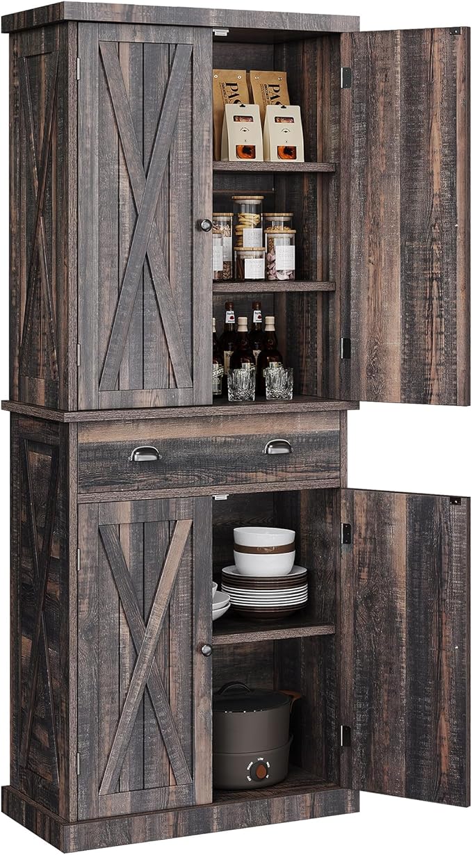 YITAHOME 72'' Tall Kitchen Pantry Cabinets, Farmhouse Storage Cabinets with Barn Doors, Drawer ＆ Adjustable Shelves, Rustic Wood Cupboard for Dining Room, Living Room, Gray Rustic