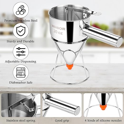 Stainless Steel Pancake Batter Dispenser with Squeeze Handle and Multi-Nozzle, for Pancakes, Cupcakes, and Baked Goods. 20 oz