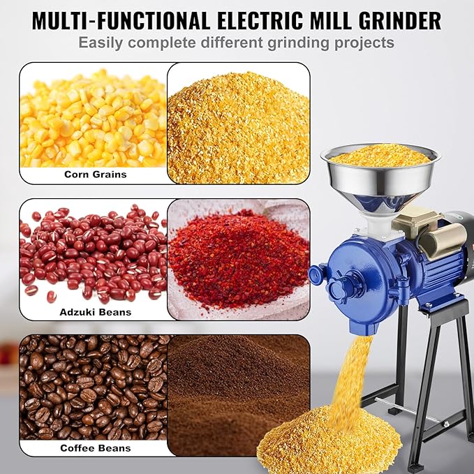 VEVOR Electric Grain Mill Grinder, 3000W Spice Grinders, Commercial Corn Mill with Funnel, Thickness Adjustable Powder Machine, Heavy Duty Feed Flour Cereal Mill Wheat Grinders, Dry Grinder