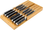 VaeFae Bamboo Knife Drawer Organizer, Knife Drawer Organizer Insert, Kitchen Drawer Knife Block for 12 Knives and a PLUS Slot for your Knife Sharpener (Without Knives)