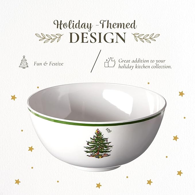 Spode Christmas Tree Melamine Deep Bowl - Large 11-Inch Round Serving Bowl for Salad, Pasta, Side Dishes - Festive Holiday Tableware - Shatterproof, Indoor/Outdoor Use, Dishwasher Safe