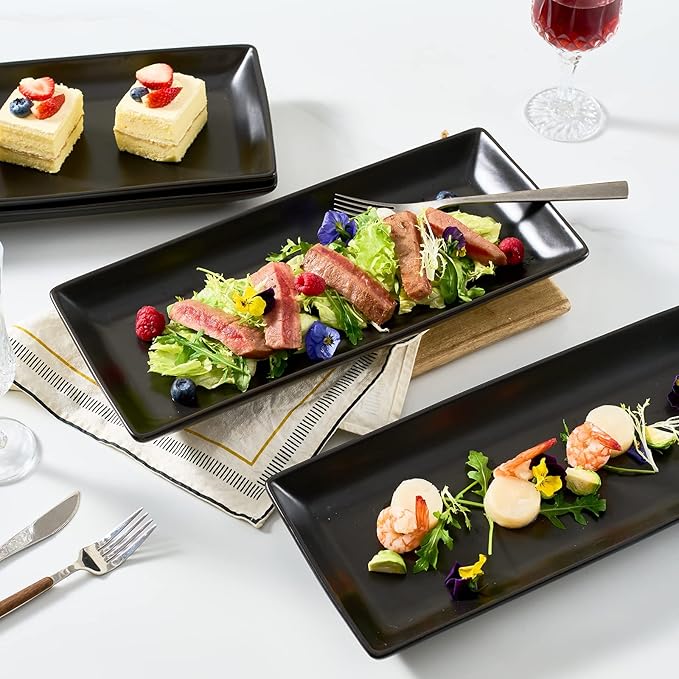 Gomakren Serving Platter Serving Dishes, 14 Inch Porcelain Serving Trays for Party, Large Serving Platters and Trays, Rectangular Sushi Plates for Entertaining Thanksgiving, Set of 4, Black