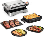 T-fal, Electric Grill, OptiGrill 4in1, Stainless Steel, 9 Automatic Cooking Modes, Intelligent Grilling Rare to Well-Done, 1800 Watts, Nonstick Removable Plates, Dishwasher Safe, Indoor, Silver