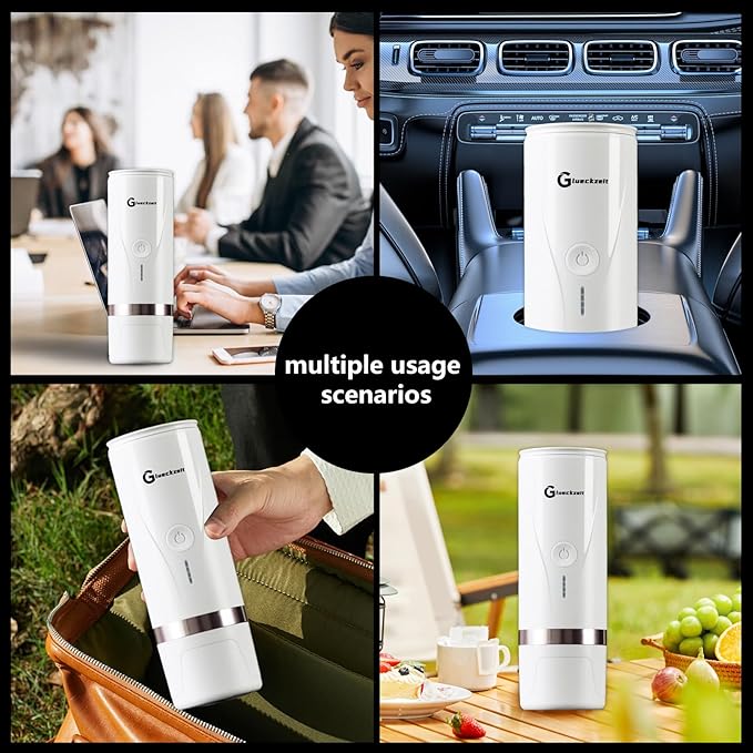 Portable Electric Espresso Machine, Car Travel Self-Heating Electric Coffee Maker for Camping with Type-C, Suitable for ground coffee and Ns capsules for RV, Hiking, Office Spring Travel White Heating