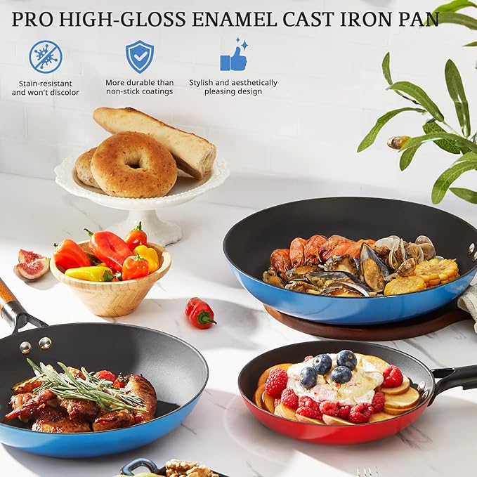 KITESSENSU Enameled Cast Iron Skillets - Non Stick Frying Pans Set with Durable Wooden Handle - 8&10&12 In Titanium Cast Iron Pans for Multi-Cooking - Pre Seasoned Cookware Set - Gradual Cobalt Blue