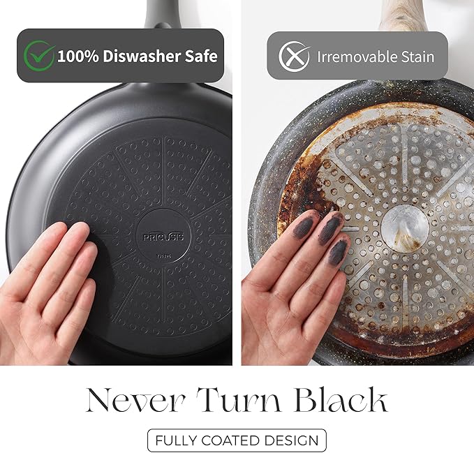 PRICUSIS Nonstick Frying Pan Set with Lid, 8+10+12 Inch Induction Compatible Skillet with Stay Cool Handle, Fully Coated, 100% Dishwasher Safe, PTFE & PFOA Free (Black Sesame)