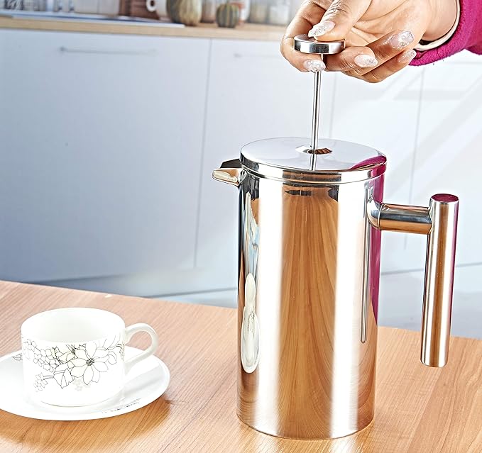 Insulated French Press Coffee Maker Stainless Steel Double-Wall Metal 3 Level Filtration System, Rust-Free Dishwasher Safe