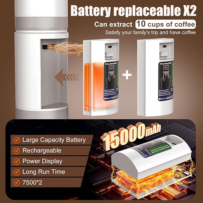 Portable Coffee Machine w/ 2 Rechargeable Batteries, 8 Cups, 20bar, USB-C, Espresso coffee Maker for Camping Travel Office, Ground & Capsule Compatible