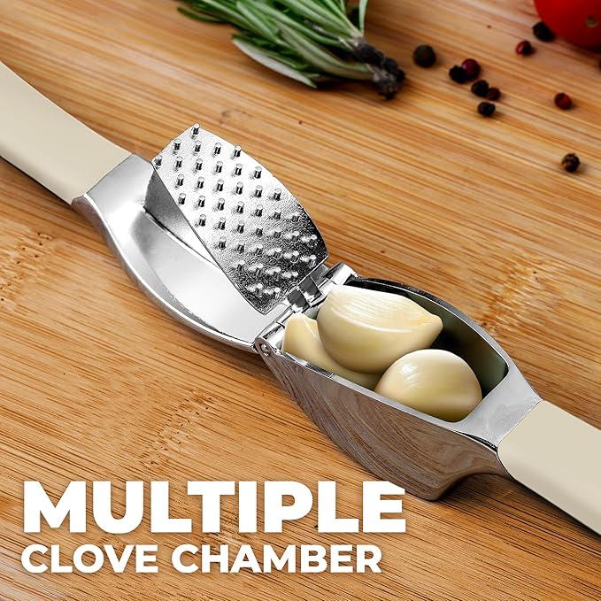 Zulay Kitchen Comfort Grip Garlic Press - Garlic Mincer Tool - Garlic Crusher - Garlic Press Mincer Rust Proof, with Soft Ergonomic Handle, Easy Clean Set with Peeler and Brush - White