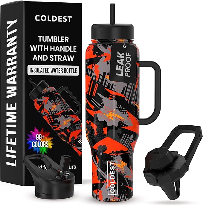 Coldest Tumbler with Handle and Straw - 100% Leak Proof Insulated Tumbler with Lid and Straw (3 Lids) - Stainless Steel Tumblers for Women & Men - Cup Holder Friendly Base, 46 oz (Savage Red)