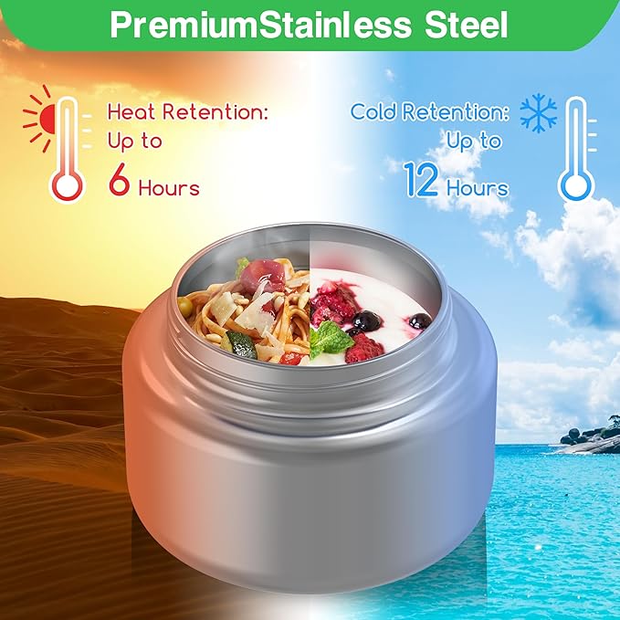 Bento Box for Kids - Leak-Proof Lunch Box with Insulated Thermos Food Jar - 4 Compartments, 1 Removable Divider, 1Spoon, 1 Fork - Dishwasher Safe, BPA-Free (Green)