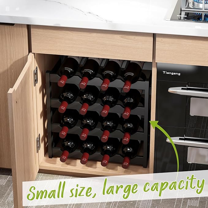 BMOSU Bamboo Wine Rack Wine Storage Cabinet Shelf 16 Bottle Wine Racks Countertop Sturdy for Kitchen Dining Room Pantry - 4 Tiers Wine Rack(Black)