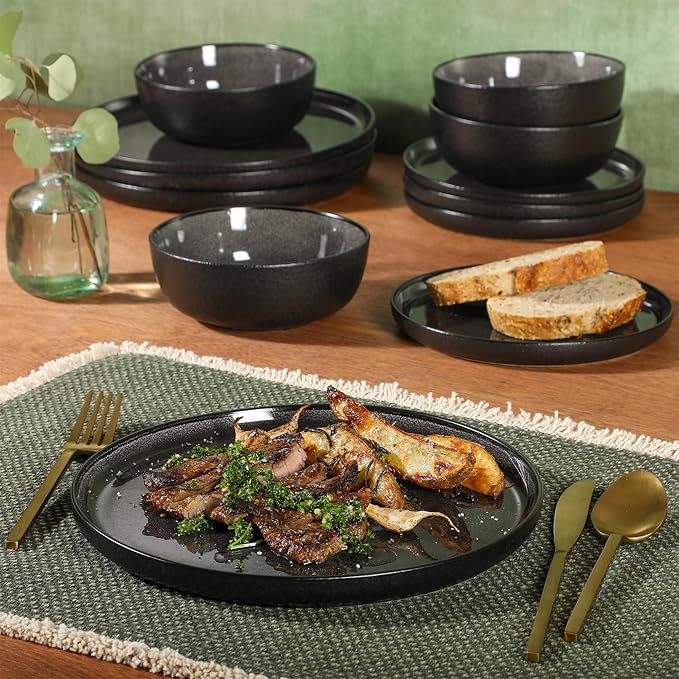 Gibson Elite Tahoe Sunset 12 Piece Stoneware Reactive Glaze (Service for 4) Ceramic Plates and Bowls Dinnerware Set - Black