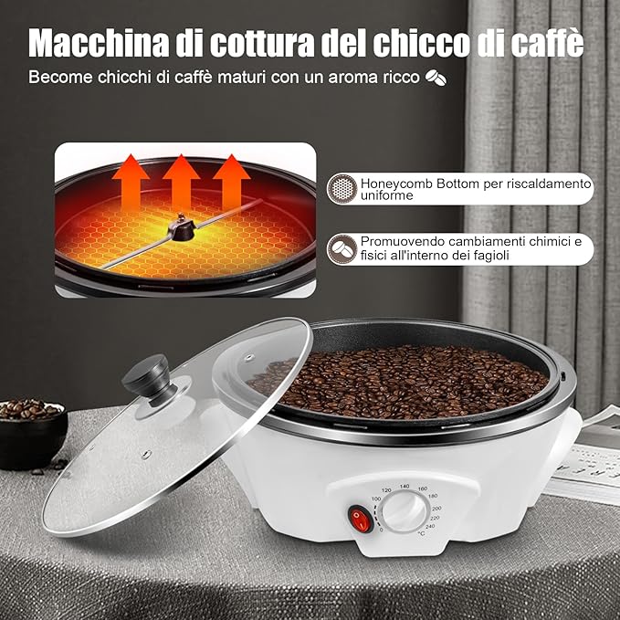 Electric Coffee Roaster Machine 500g Capacity Electric Coffee Bean Roaster Machine with Timer 0-240℃ Non-Stick for Home Use Cafe Shop Nut Peanut Black Bean Soybeans 110V 800W