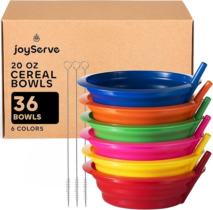 JoyServe Cereal Bowls with Straws for Kids (Set of 36-20-Ounce Bowls) BPA-Free Plastic Reusable Bowls with Built-In Straws for Children - Dishwasher and Microwave Safe, Includes 3 Cleaning Brushes