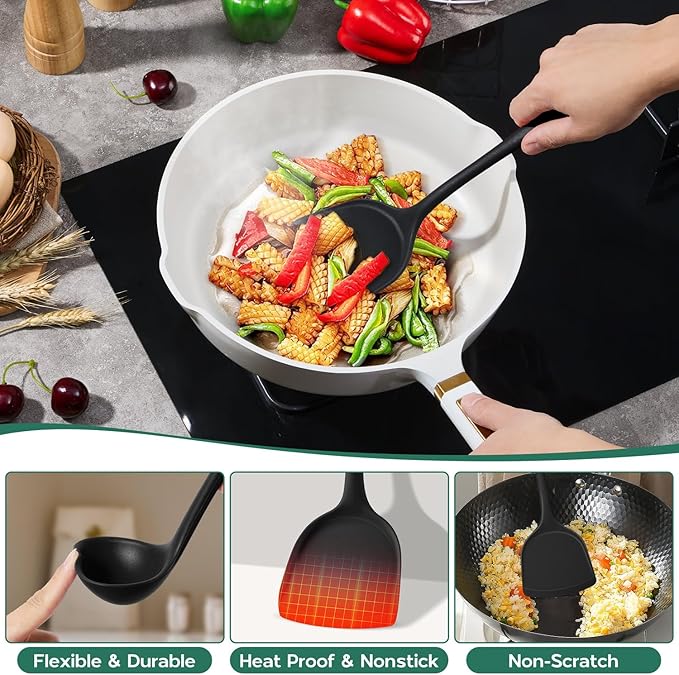 Cooking Utensils Set of 6, Onader Black Silicone Kitchen Cooking Utensils Set for Nonstick Cookware, Non Toxic & Dishwasher Safe