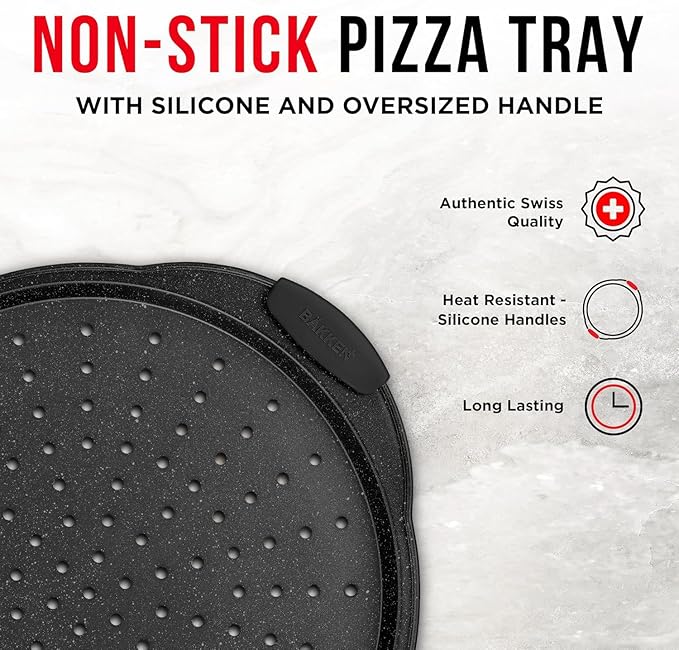Non-Stick Pizza Pan with Silicone Handle 2 Pack, 13 Inch Round Carbon Steel Tray with Perforated Holes, Dishwasher & Oven Safe Up To 450°F, PFOAPFOSPTFE Free, Durable Nonstick Gray Coating