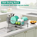 Dish Drying Rack, Space-Saving Dish Rack, Dish Racks for Kitchen Counter, Kitchen Dish Drainers with Removable Utensil Holder,Plate Rack and Drainboard, 11''W x 15''L, Gray