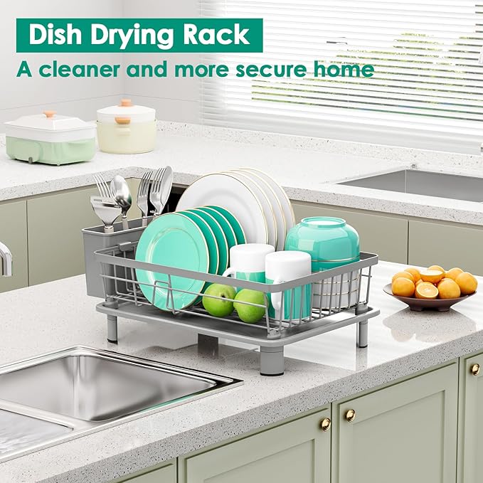 Dish Drying Rack, Space-Saving Dish Rack, Dish Racks for Kitchen Counter, Kitchen Dish Drainers with Removable Utensil Holder,Plate Rack and Drainboard, 11''W x 15''L, Gray