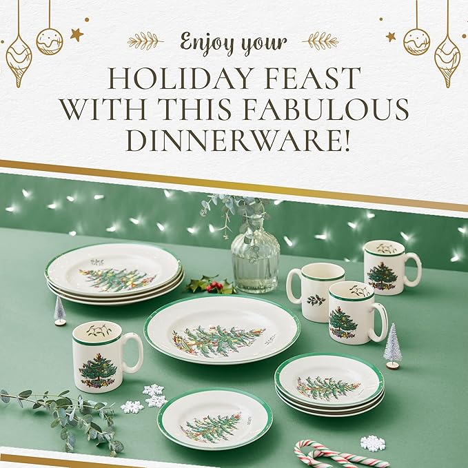 Spode Christmas Tree 12-Piece Dinnerware Set (Service for 4) - Festive Holiday Tableware Collection with Plates and Mugs - Fine Earthenware Christmas Dinnerware - Microwave & Dishwasher Safe