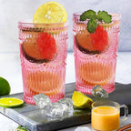 6pcs Vintage Drinking Glasses Set, 12 oz Pink Highball Glasses, Embossed Ribbed Glassware Cups for Cocktail, Water, Juice, Coffee, Whiskey