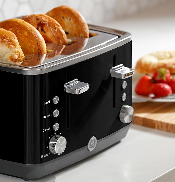 GE 4 Slice Toaster | Extra Wide Slots for Bagels, Breads, Waffles & More | 7 Shade Options | Countertop Kitchen Essentials | 1500 watt, Black