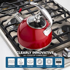 Viking 3-Ply Stainless Steel Tea Kettle, 2.6 Quart Stovetop Hot Water Pot with Tempered Glass Lid, Ergonomic Handle, Induction Ready, Red