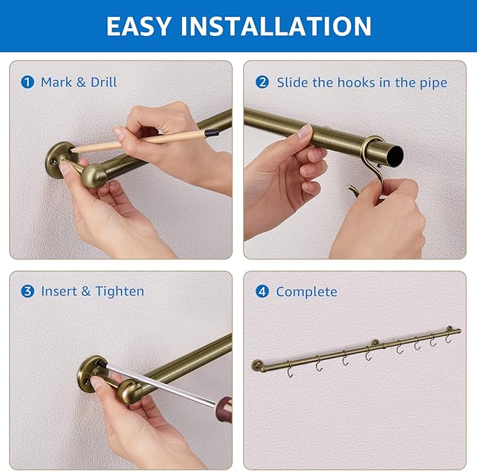 ROTHLEY Hanging Pot Rack Hanger: 39.4 Inch Stainless Steel Pot and Pan Hanger Pot Rack Wall Mounted Hanging Pots and Pans Rack Pot Hangers for Kitchen Wall Kitchen Rail with Hooks (Antique Brass)