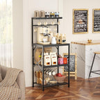 Kitchen Bakers Rack with Storage Shelves, Small Coffee Bar Cart with 8 Hooks, 4 Tiers Microwave Stand Station with Adjustable Shelves, Freestanding Kitchen Appliance Organizer, Black