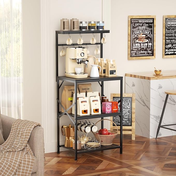 Kitchen Bakers Rack with Storage Shelves, Small Coffee Bar Cart with 8 Hooks, 4 Tiers Microwave Stand Station with Adjustable Shelves, Freestanding Kitchen Appliance Organizer, Black