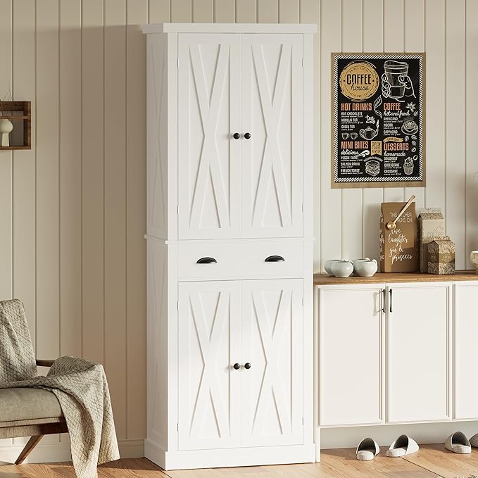 IRONCK Kitchen Pantry Storage Cabinet 72.6" H x 24" W, with Barn Doors, Drawer, 4 Adjustable Shelves, Freestanding Cupboard, Laundry, White