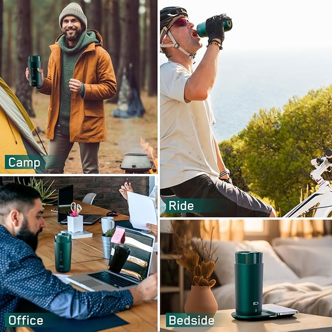 Temperature Control Heated Coffee Mug Smart Self Heating Travel Mug 12 Oz App Controlled Warmer Mug 4-10 Hour LED Display Keep Coffee Hot All Day Fast Wireless Charger Base Jade Green