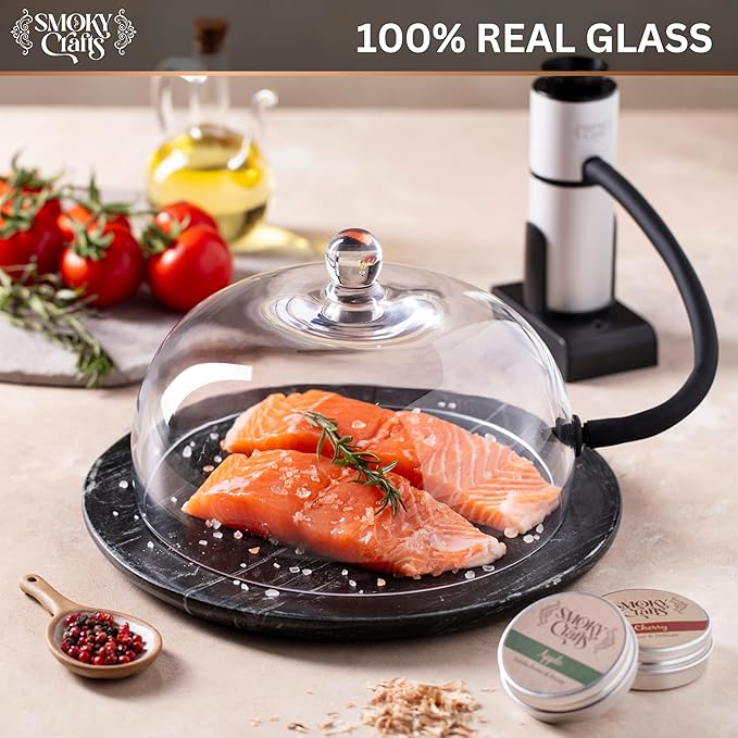 Food and Drink Smoker Kit with Smoke Gun, 8" Smoking Cloche Glass Dome, Acacia Cocktail Smoke Top and Wood Chips (Apple & Cherry) - Whiskey Smoker Kit - Gifts for Men