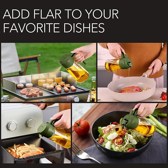 YARRAMATE 2Pcs 16oz/470ml Glass Olive Oil Sprayer for Cooking with Stickers, 2 in 1 Oil Dispenser for Kitchen Gadgets, Food Grade Premium Spray Bottle for Salad, BBQ (Black&OliveGreen)