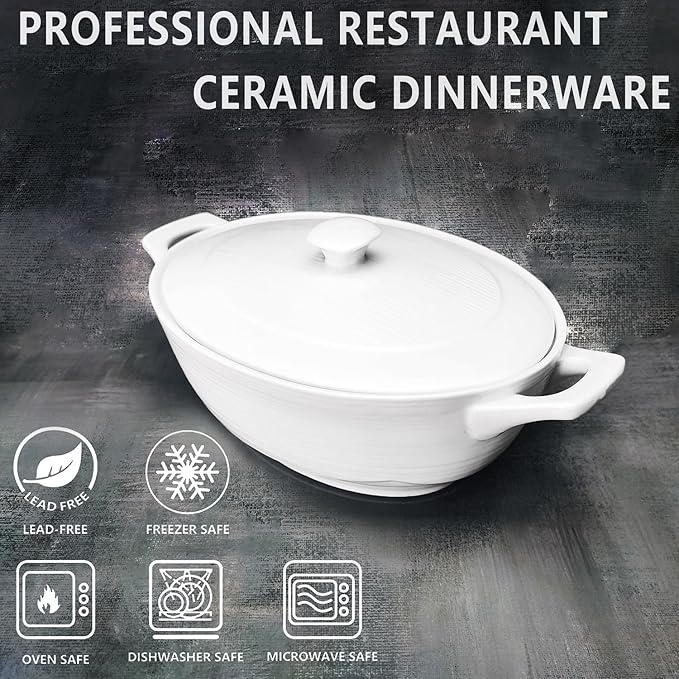 9" x 6.5" Oval Casserole Dish with Lids,1.9 Quart French White Ceramic Serving Soup Tureens, Baking Dish with Handle 12.1 IN, for Casseroles, Lasagna Cookware Set, Microwave, Oven Safe