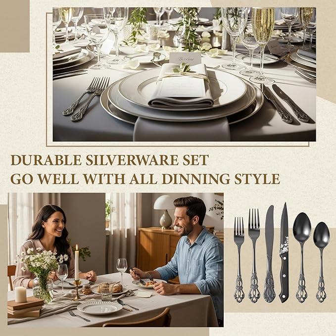 Black Gothic Silverware Set for 12, 72 Pcs Royal Silverware Flatware Set with Black Spoons Forks Knives, Stainless Steel Mirror Vintage Utensil, Dishwasher Safe