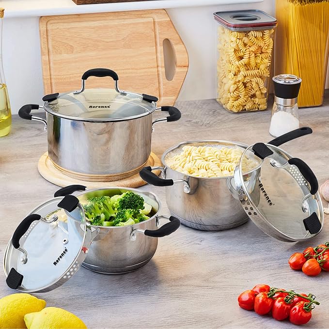 Rorence 3.7 Quart Saucepan with Glass Lid: Stainless Steel Sauce Pan with Two Sides Pour Spout & Riveted Silicone Handles & Build-in Strainer Tempered Glass Cover …