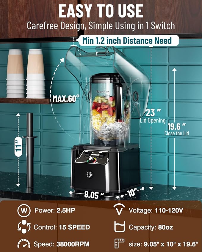WantJoin Professional Commercial Blender With Shield Quiet Sound Enclosure 2200W Industries Strong and Quiet Professional-Grade Power, Self-Cleaning, Black