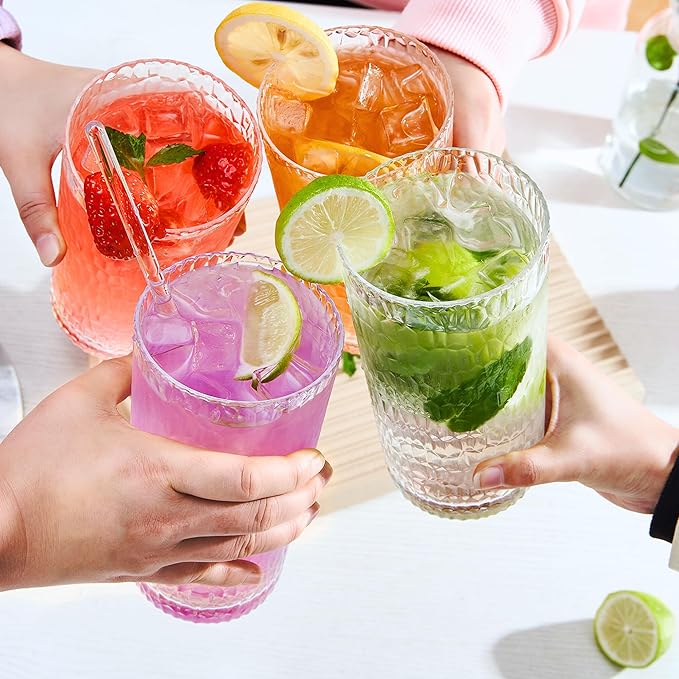 15oz Clear Acrylic Glasses Drinkware (Set of 8), Honeycomb Stackable Shatter-Proof Plastic Tumblers, Reusable Plastic Drinking Glasses, BPA-Free, Dishwasher-Safe