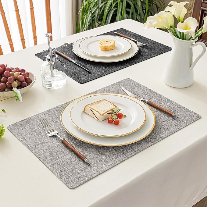 Romanstile Reversible Vinyl Placemats Set of 4, Faux Leather 100% Waterproof Oil-proof Wipeable Place Mats, Heat Resistant Dual Sided Table Mats for Kitchen/Dining/Party (Grey Light Grey, 12 x 17 Inch