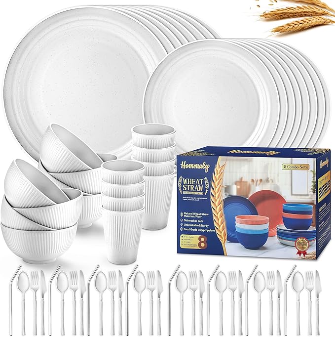 Wheat Straw Dinnerware Sets,64-Piece Plates and Bowls Sets for 8-Unbreakable,Reusable Plastic Dish Set-Dinner Plate/Dessert Plate/Cereal Bowl/Cup/Utensils-Microwavable Dishwasher Safe 64P-Light Gray