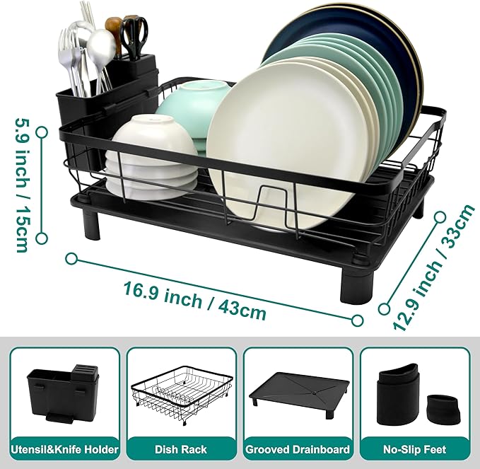 Dish Drying Rack for Kitchen Counter,Space-Saving Dish Rack with Drainboard,Rustproof Countertop Dish Drainer with Utensil Holder for Sink,Black