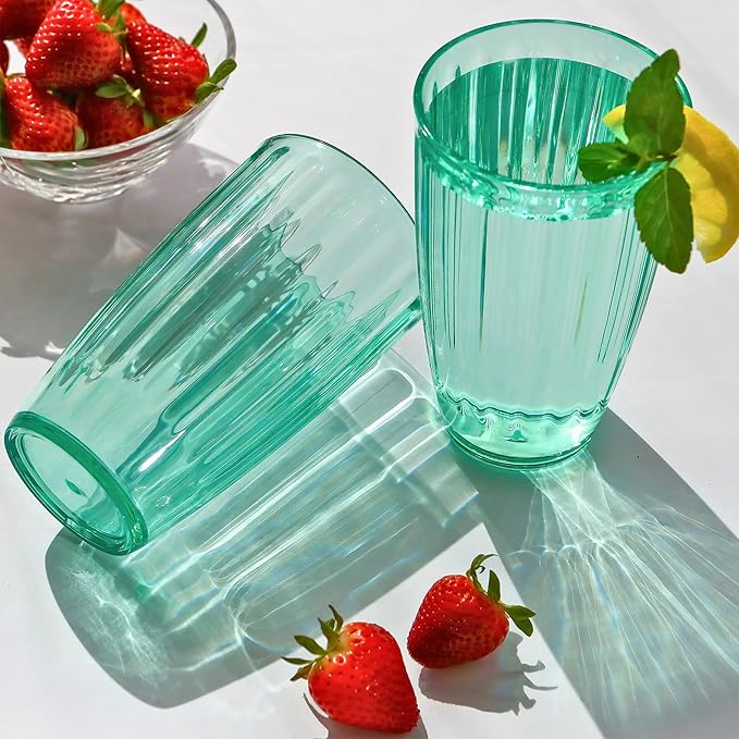 Kate Aspen Teal Fluted Plastic Drinking Glasses Set of 8, 21 oz, Acrylic Glasses Drinkware, Plastic Cups Reusable for Iced Water, Cocktails, Lemonade, BPA-Free Acrylic Glasses Drinkware