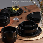 Stoneware Dinnerware Set for 2 with Pasta Bowl, Onader 8 Piece Plates and Bowls Dish Dinner Set, Microwave & Dishwasher Safe - Ebony Black