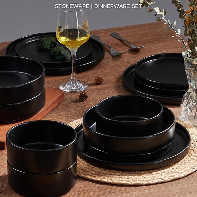 Stoneware Dinnerware Set for 2 with Pasta Bowl, Onader 8 Piece Plates and Bowls Dish Dinner Set, Microwave & Dishwasher Safe - Ebony Black