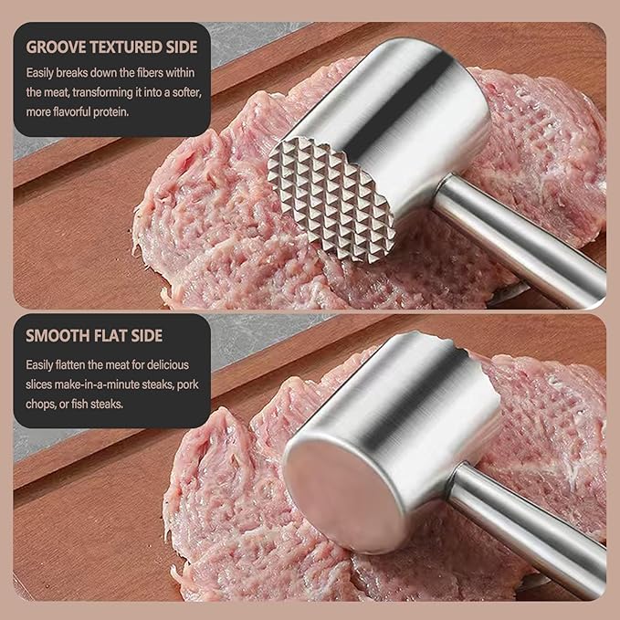 304 Stainless Steel Meat Tenderizer Mallet - Dual-Sided Heavy Duty Kitchen Hammer for Tenderizing & Flattening Steak, Beef, Chicken, Fish & Nuts, Dishwasher Safe with Ergonomic Grip (sliver)